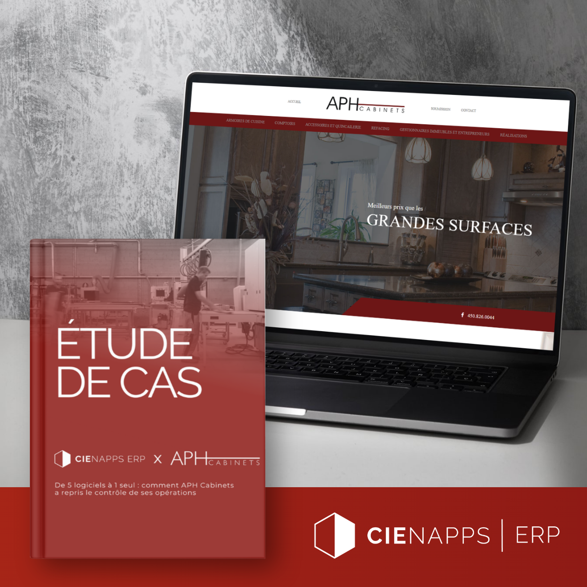 Laptop with aph cabinets kitchen website open beside a red 'Étude de cas' case study book on a desk.
