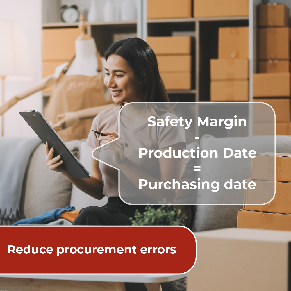 Woman with clipboard in a storage room with boxes; overlay text shows 'safety margin production date = purchasing date' and a red banner 'reduce procurement errors'